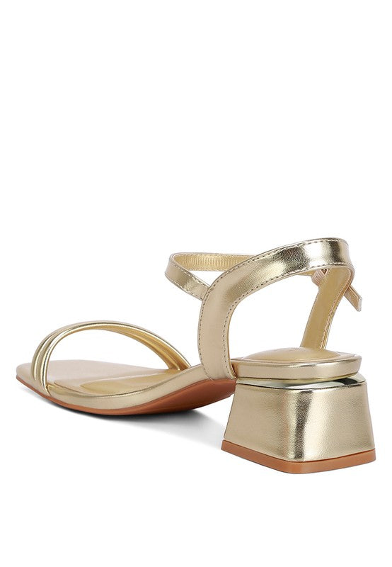 Zabou Metallic Ankle Strap Low Block Heels - Faylinn & Co