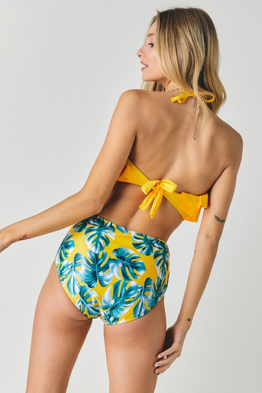 Solid Ruffle Top And Printed Bottom Swimsuit - Faylinn & Co