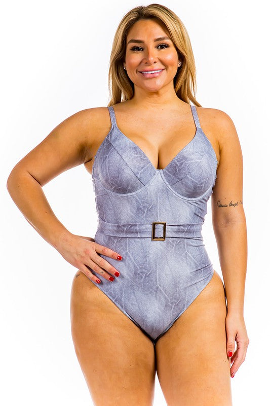 One Piece Buckle Belt embellish Denim Swimsuit - Faylinn & Co