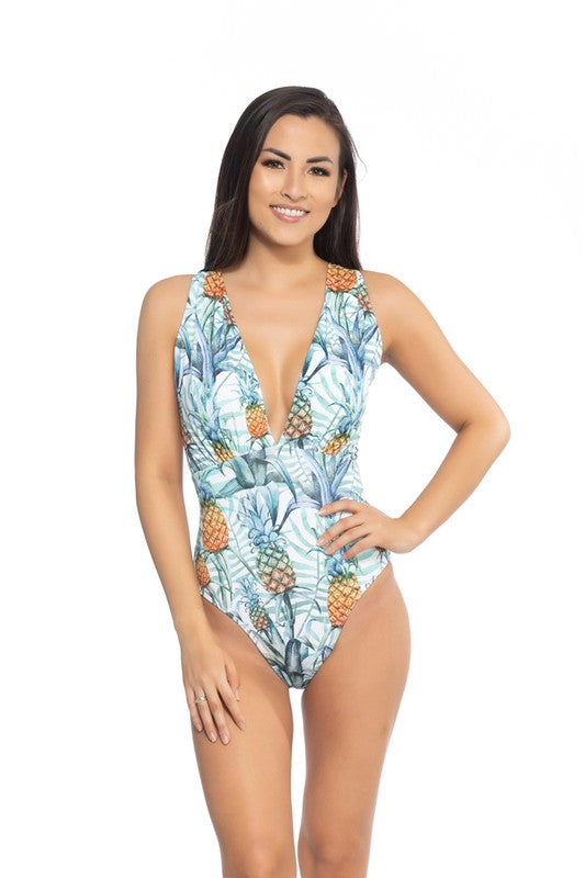 PINEAPPLE PRINT V NECKLINE ONE PIECE SWIMSUIT - Faylinn & Co