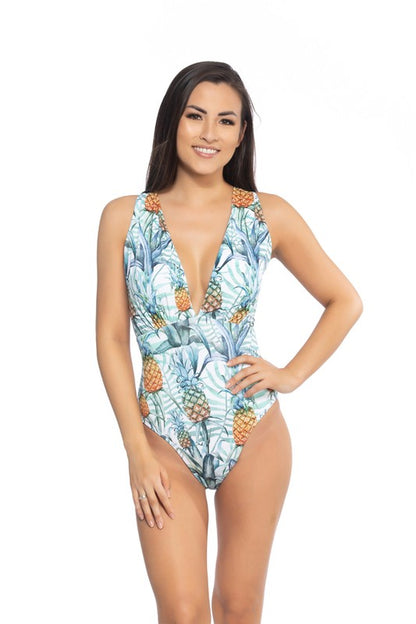 PINEAPPLE PRINT V NECKLINE ONE PIECE SWIMSUIT - Faylinn & Co