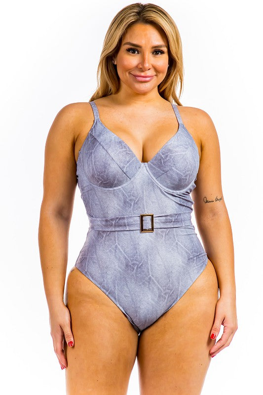 One Piece Buckle Belt embellish Denim Swimsuit - Faylinn & Co