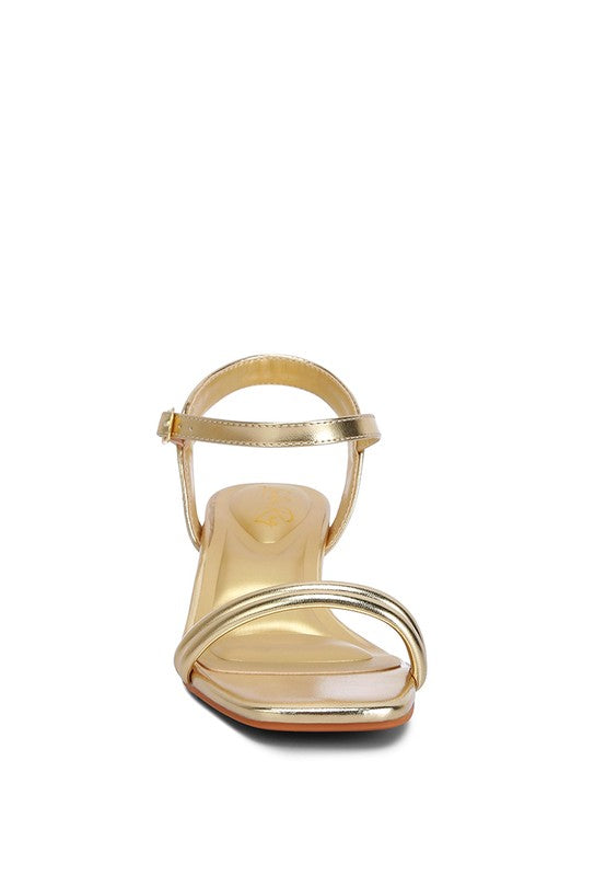 Zabou Metallic Ankle Strap Low Block Heels - Faylinn & Co