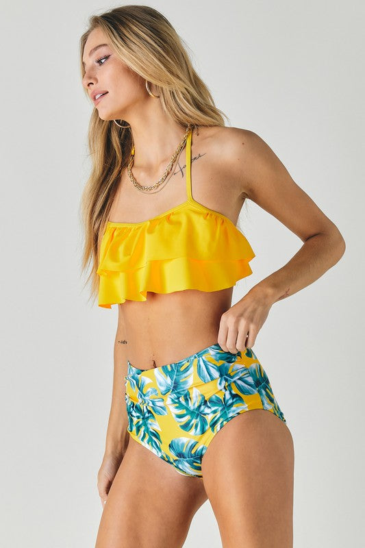 Solid Ruffle Top And Printed Bottom Swimsuit - Faylinn & Co