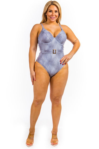 One Piece Buckle Belt embellish Denim Swimsuit - Faylinn & Co