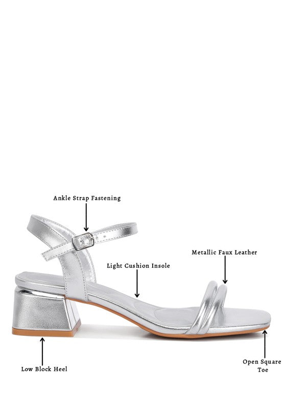 Zabou Metallic Ankle Strap Low Block Heels - Faylinn & Co